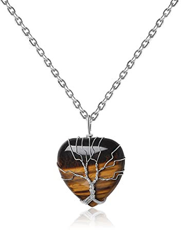 Mayting Oeil de tigre Pendentif Collier Coeur Pendentif Pierres Précieuses Énergie Arbre de Vie Fil Enveloppé Pierre Simple Classique Hommes Femmes Colliers