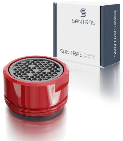 SANTRAS® Strahlregler M24x1 für jeden herkömmlichen Wasserhahn mit Siebeinsatz in Rot – Mischdüse (Außengewinde 24 mm) mit Filtereinsatz, hochwertiger Dichtung und Luftmixer MADE IN GERMANY