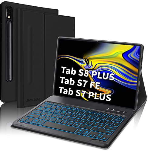 JADEMALL Tastatur Hülle für Samsung Galaxy Tab S8 Plus/S7 Fe/S7 Plus 12,4 Zoll 2021, Magnetisch QWERTZ Deutsch Beleuchtete Bluetooth Tastatur mit Hülle für Samsung Tab S7 Plus/Tab S7 FE (Schwarz)