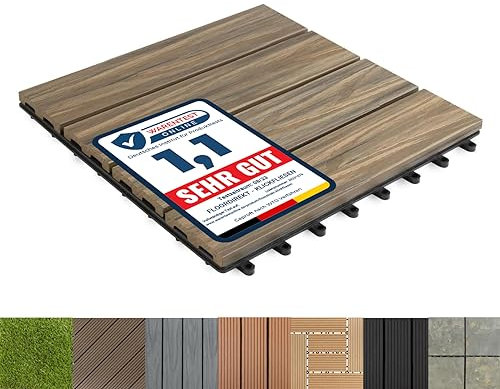 Floordirekt WPC Fliesen 30x30 cm, 1 Stück = 0,09m² Terrassenfliesen, Klickfliesen, Balkonfliesen in Holzoptik - Bodenbelag für Balkon & Terrasse - wetterfest mit Drainagefunktion | Mix Teak