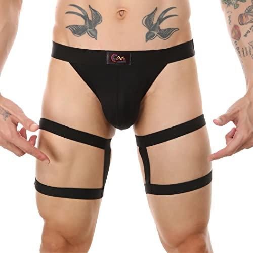 Herren Athletic Jockstrap Unterwäsche Hollow Out Low Rise Strappy Cutout Bikini Jock Strap Rave Unterhose mit Beinband, Schwarz, Medium