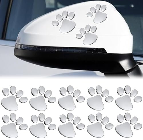 MINGZE 12 Stück 3D Auto-Aufkleber, Wasserdicht Hundepfoten Fußabdruck Aufkleber Pfotenabdruck Dekoration Geeignet für Autos Motorräder Roller Hausfenster Spiegel (Silber)