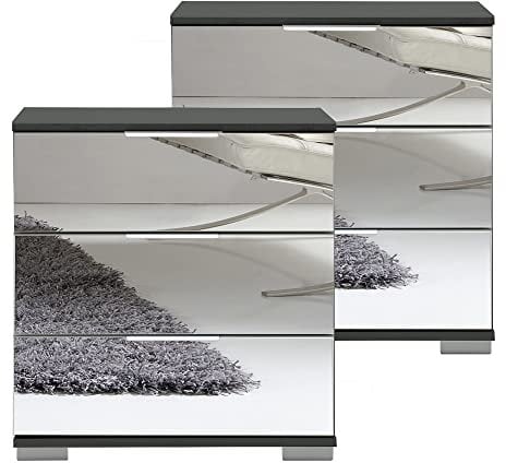 Lomadox LA43-436718 - Schlafzimmer 2er Set Nachttisch Nachtschrank für Boxspringbett in Graphit mit Spiegelfront ELSTRA-43, B/H/T ca. 52/58/38 cm
