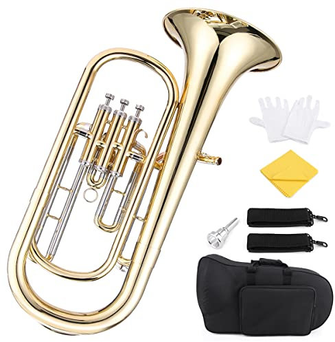 Btuty Baritonhorn Bb Brass Kolbenstil Goldlac-k Oberfläche Blasinstrument mit Mundstüc-k Handschuhe Reinigungstuch für Anfänger Blaskapellen