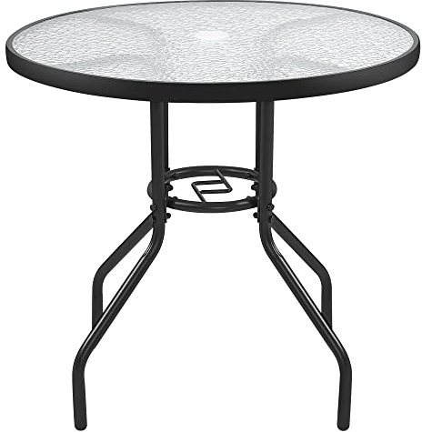 Yaheetech Table de Jardin Ronde en Verre Diamètre 70 cm, Facile d'entretien avec Trou pour Parasol et Plateau en Verre, Table Basse en métal pour Jardin/Balcon/terrasse Noir