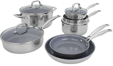 HENCKELS Clad H3 10-pc Induction Ceramic Nonstick Pot and Pan Set, Stainless Steel, Durable and Easy to Clean