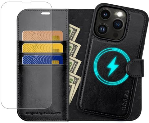 OCASE Abnehmbare Hülle iPhone 14 Pro Max Handyhülle 5G Magnetische [Kabelloses Laden] [Displayschutz] [Kartenfach] RFID Schutzhülle Etui Klapphülle Kompatibel für iPhone iPhone 14 Pro Max Schwarz Neu