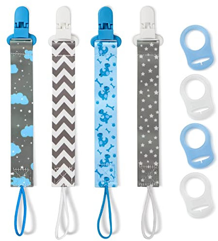 Suofuolef Confezione da 4 nastri per ciuccio per bambini, set di catenella per ciuccio con adattatori, clip per neonati, nascita e battesimo