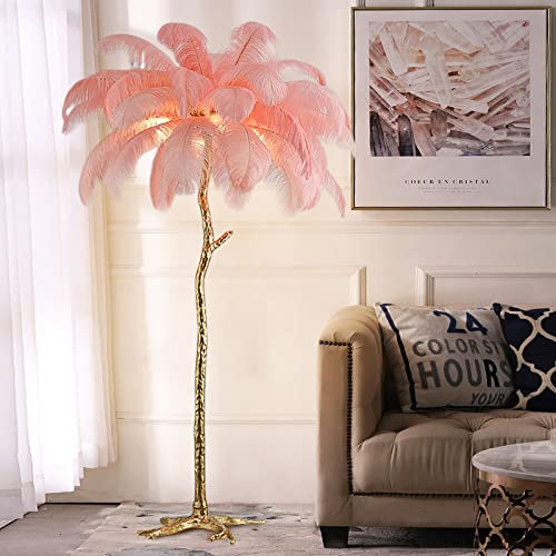 KISFWIU Stehlampe, Straußenfederlampe mit 35 Federn, Goldener Lampenmast aus Harz, große Stehlampe, geeignet für Schlafzimmer und Wohnzimmer, 170 x 110 cm (pink)