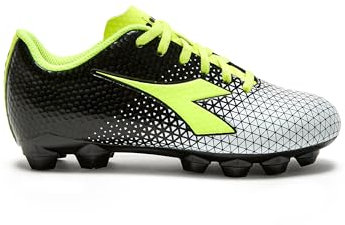 Diadora Cattura - Tacos de fútbol para suelo firme para jóvenes, tamaño para niños pequeños/grandes, perfectos para superficies de juego naturales y artificiales, Negro/Amarillo/Blanco, 10 Little Kid