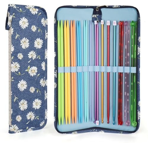 Aeelike Knitting Needle Storage Case Empty, Knitting Needle Case for Long Needles and Long Tunisian Crochet Hooks, Knitting Pins Case, Midnight Blue Daisy