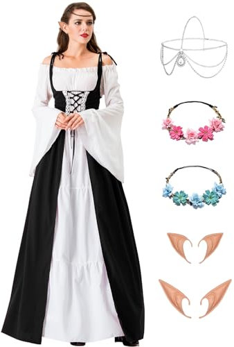 Damen Mittelalter Renaissance Kostüme Kleid Gothic Kleidung Steampunk Elfen Piraten Cosplay Karneval Kostüm Vintage Kleider mit mit Elfenohren Haarschmuck Socken für Fasching Halloween VL026XXL