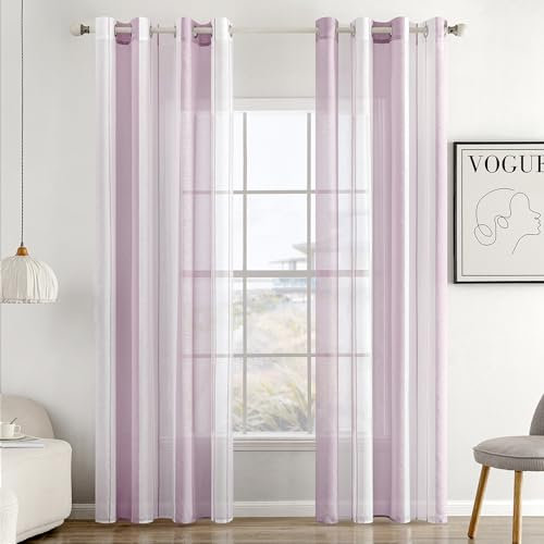 MIULEE Gardinen Gestreift Transparent mit Ösen, Voile Vorhänge Wohnzimmer Modern 2er Set, Vorhang Schlafzimmer Transparent mit Helllila Weiss Gestreift Muster, Vorhang Halbtransparent Streifen 140X225