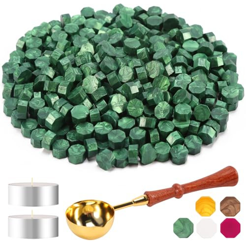 Foonii 300 Stück Siegelwachs Perlen Set mit 1 Schmelzlöffel, 2 Teelichte | Siegellack Perlen Set für Umschlag/Einladungen/Karten/Geschenk (Grün)