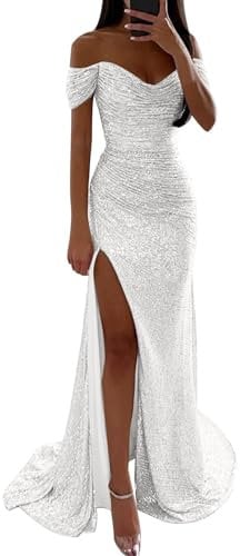 Women's Sequined Maxi Prom Dress - Off Shoulder, Short Sleeve, Floor Length, Side Slit, Evening & Party Dress Silver