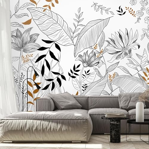 Naturempress Papier Peint Panoramique 350X250（LXH） Feuilles Minimaliste Noir Et Blanc Papier Peint Intissé Tapisserie Poster Mural pour Salon Chambre Décoration Murale