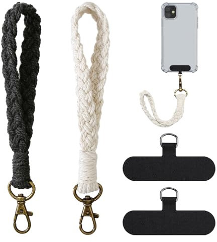 tinshow 2 Pack Boho Phone Wrist Strap Lanyard Anti Theft for iphone Handmade Macrame Lanyard with 2 Pcs Tether Tab for Airpods Purse Keychain for Women Men Black White