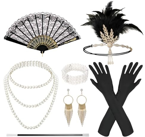 RosyFate 20er Jahre Kostüm Damen, 9 Stück 20er Jahre Accessoires, Gatsby Accessoires Damen mit Kopfbedeckung, Langen Schwarzen Handschuhen, Perlenkette, Ohrringen