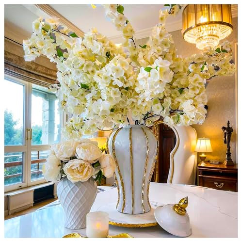 Pot de Gingembre en Porcelaine avec Couvercle, Vase en céramique Doré Blanc Moderne pour Fête, Mariage, Bureau, Salon ou Stockage de Cuisine (Or Blanc, L -46cm)