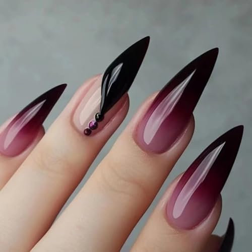 Mgmxbsth 24PCS Long Drop Pressed Nails,Cosplay Fake Nails, Dark Y2K French Tip False Nails, Stick On, Almonds Tip Full Coverage Gel Adhesive, Suitable for Women and Girls(Dark Purple)