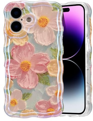 EYZUTAK Case for iPhone 16, Colorful Retro Oil Painting Printed Flower Laser Glossy Pattern Cute Curly Wave Edge Exquisite Phone Cover Stylish Durable TPU Protective Case for Girl Women-Green