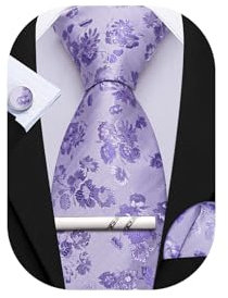 Barry.Wang Lavendar Tie Mens Floral Silk Necktie Handkerchief Cufflinks Set Formal Party Wedding