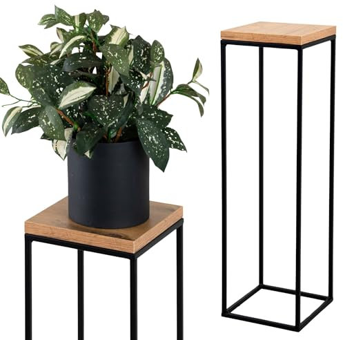 e-floor Einzelner Blumenständer Loft 19x19x49 cm – Tischplatte in Eichenfarbe - Schwarzer Metallständer – Beistelltisch für Blumen – Blumentopf für Wohnzimmer Flur Büro - Größe S
