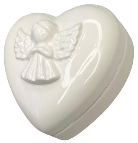 Top Brass Keramik-Engel-Herzförmige Schmuckschatulle – einfache weiße Hochglanz-Figur, Schmuck, Ring, Rosenkranz, Andenken-Halter, Geschenk, geflügelte Liebe, Aufbewahrungsbox