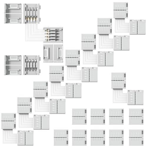 Ancable 20 Stück LED Verbinder Set, 10 x 4-poligen Geraden und 10 x L-Form LED Strip Schnellverbinder, Lötfreie Steckverbindungen für 10mm Breite SMD 5050 RGB LED Streifen