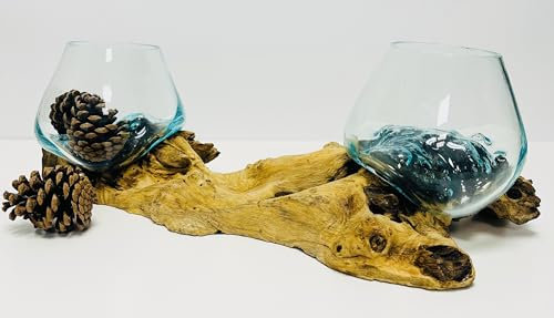 My Square Mile Double Molten Glass Bowls On Wood Root Stand Glass Rustic Decorative Ornament Sculpture Key Sweet Display Dish (Extra Large 41CMS Long)