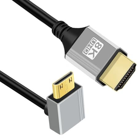 CY Câble mini HDMI 2.1 ultra fin coudé à 90 degrés HDTV 8K 4K Cordon ultra flexible ultra fin Type-A vers Type-C pour caméra HDTV 50 cm