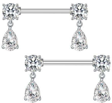 Besyvvin 2er Brustwarzenpiercing 16mm Nippelpiercing Chirurgenstahl Silber Stein Piercing Nipple Brustwarze Ring Damen Frau