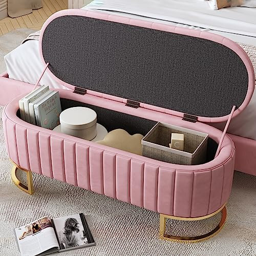 SUKY Stauraum-Schlafkoffer und Fußbank, 120 x 40 cm, Samtstoff rosa, gepolsterte Fußbank mit Stauraum, Sofabank Bank