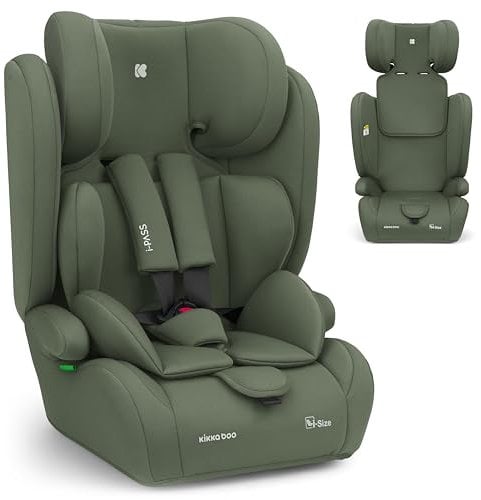 KikkaBoo i-PASS Seggiolino auto 9-36 kg senza ISOFIX, Gruppo 1 2 3 per bambini da 15 mesi a 12 anni, i-Size, altezza 76-150 cm, poggiatesta regolabile a 13 posizioni, Verde militare