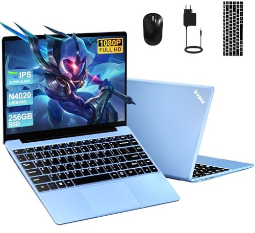 bvate PC Portatile 14 pollici Notebook Win 11 upto 2.8 GHz 256 GB ROM Supporta l'espansione SSD 1TB Celeron N4020 2.4G+5G WiFi 4.2 USB HDMI Tastiera italiana membrana mouse senza fili-Blu