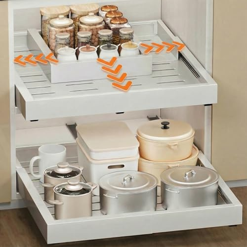 SeiriHelper Teleskopschublade Ausziehbare Küche Schublade, Auszug Nachrüsten Schubladeneinsatz, Küchen und Schrankorganizer mit Klebestreifen- Ohne Bohren (Weiß, 31-49/39/8cm)