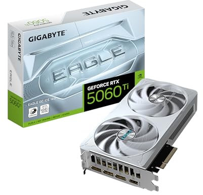 Gigabyte GeForce RTX 5060 Ti Eagle OC Ice 16G Tarjeta Gráfica – 16 GB GDDR7, 128 bits, PCI-E 5.0, 2617 MHz Frecuencia del núcleo, 3 x DisplayPort, 1 x HDMI, GV-N506TEAGLEOC ICE-16GD