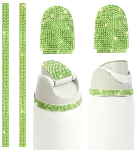 ZIZAISM Decorations Accessories Compatible with Owala Free Sip 24oz 32oz 40oz & Kids 16oz Water Bottle, Rhinestone Waterproof Stickers for Owala Lid - Green 2 Kit