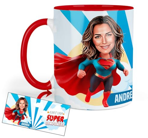 Kembilove Taza Personalizada Superheroína con Caricatura | Regalo Original para la Mejor Compañera de Trabajo | Diseño Femenino con Cuerpo de Superwoman | 330ml Apta para Microondas y Lavavajillas