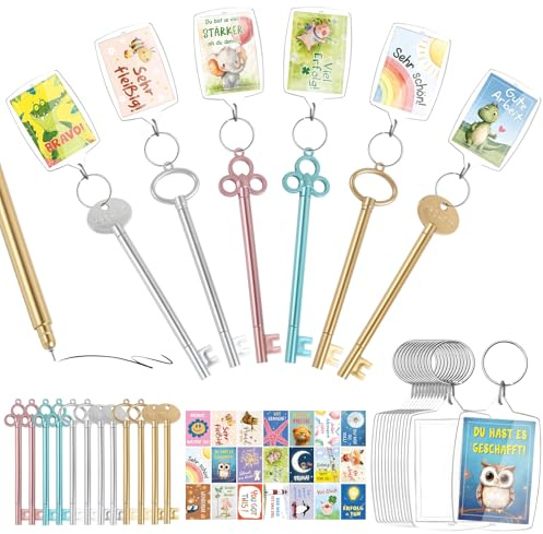 24 Gelstifte Schlüssel Stifte Abschied Geschenk Kollegen Einschulung mit 24 Motivationskarten 24 Foto Schlüsselanhänger Acryl Bild Schlüssel Gelschreiber Mutmachkarten für Schule Schüler Grundschule