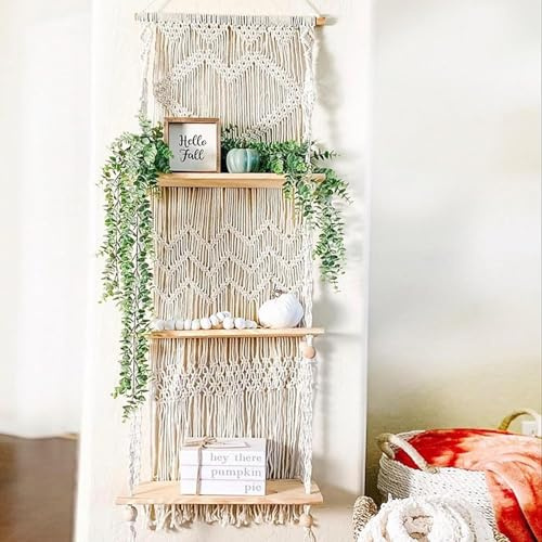 Lieson Wandregal Holz Regal Wand Boho Deko 3 Tier Hängeregal Makramee Wanddeko Balkon Badezimmer Wohnzimmer Quasten Handgewebte Natürliches Treibholz Schweberegal