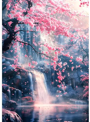 DPHERO DIY Rosa Blumen Diamant Painting Kits Bilder für Erwachsene Anfänger,5D Wasserfall Diamond Painting Set,DIY Runde Steine Traumland Diamant Kunst Kits, Diamond Art für Zuhause Dekor 30x40 cm