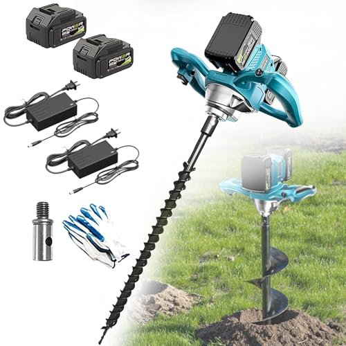Electric Post Hole Digger - Cordless Fence Post Auger with 2 Batteries, 6 Adjustable Gears, Forward & Reverse Direction, Earth Auger for Garden Planting