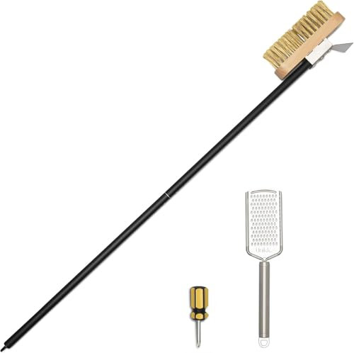 IRSTBL - Pizza Oven Brush with Brass Bristles – 89cm Adjustable Handle, Scraper, Rotating Head – Includes Cheese Grater & Screwdriver – Stone Cleaner Tool