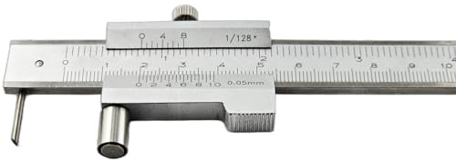WRS Präz.-Anreißmessschieber mit Rolle und Feststellschraube, INOX, mit auswechselbarer Hartmetall-Spitze, mattverchromt, gelaserte Skala, im Etui, Größe: 200 mm Messbereich