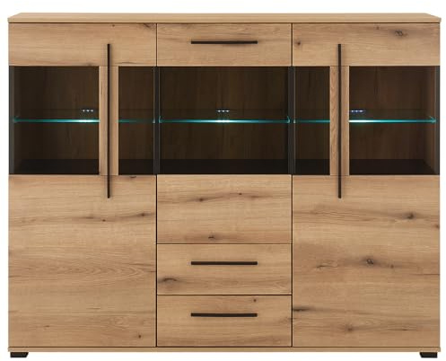 Lomadox Wohnzimmer-Highboard 160 cm breit Vitrinenschrank Wohnzimmerschrank in Eiche mit LED Beleuchtung