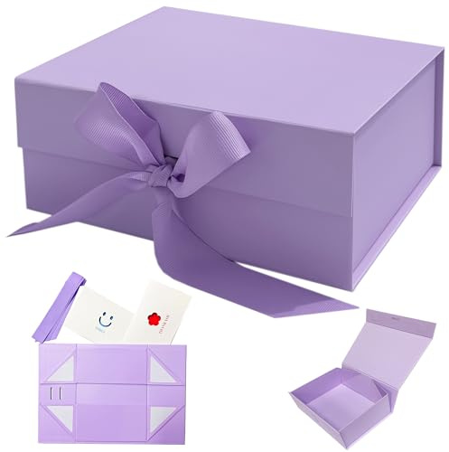 AlGuirnex Lilac Gift Box Foldable 22x17x9cm with Magnetic Lid, Present Box with Ribbon & 2 Greeting Cards – Luxury Gift Packaging for Christmas, Birthday, Wedding, Anniversaries (Purple)