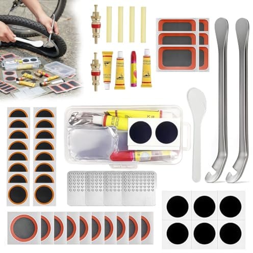 Probuk 56 Pezzi Kit Riparazione Bici, Toppe Autoadesive e Vulcanizzate, Attrezzi Multifunzione, Smontagomme e Contenitore Portatile, Accessori Bici per MTB, Bici da Corsa e BMX