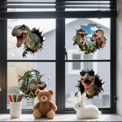 ANATTASOUL Dinosaurier durchbricht Mauer Fensterbilder for Frühling Sommer | Doppelseitig Blickdichter Badezimmer Fensterbilder Schlafraum Wiederverwendbare Fensterbilder Frühling for Winter Herbst