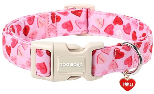 DOGWONG Valentinstag Hundehalsband, Rosa Herz-Hundehalsband aus Weichem Stoff, Valentinstag-Herz-Halsbänder, Jungen und Mädchen Halsband für Kleine, Mittel und Große Hunde, M